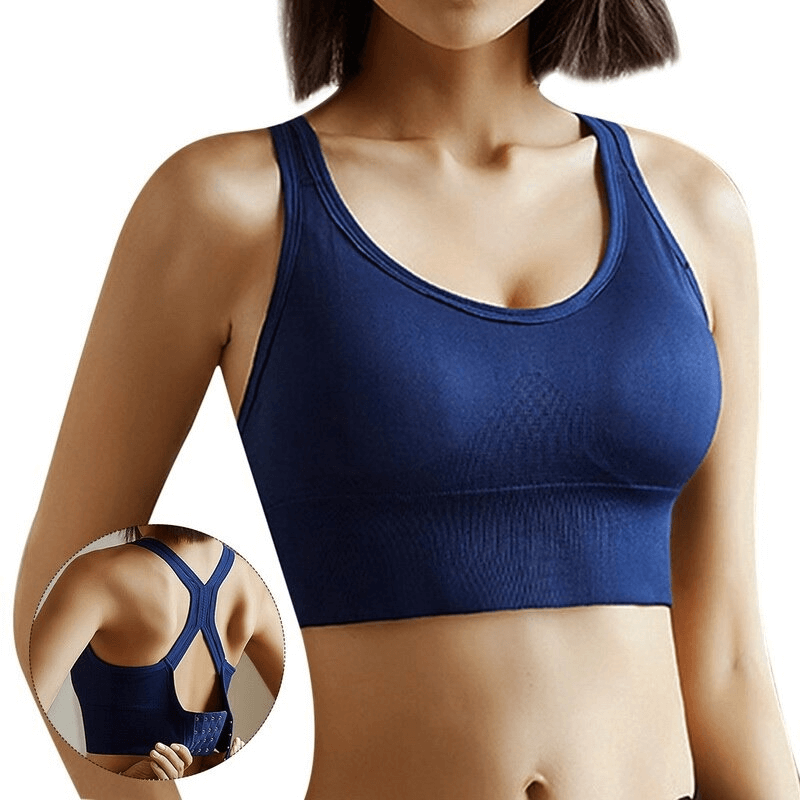 Woman wearing blue push-up sports bra for running, featuring spandex and lycra with back buckle closure for comfort and support.